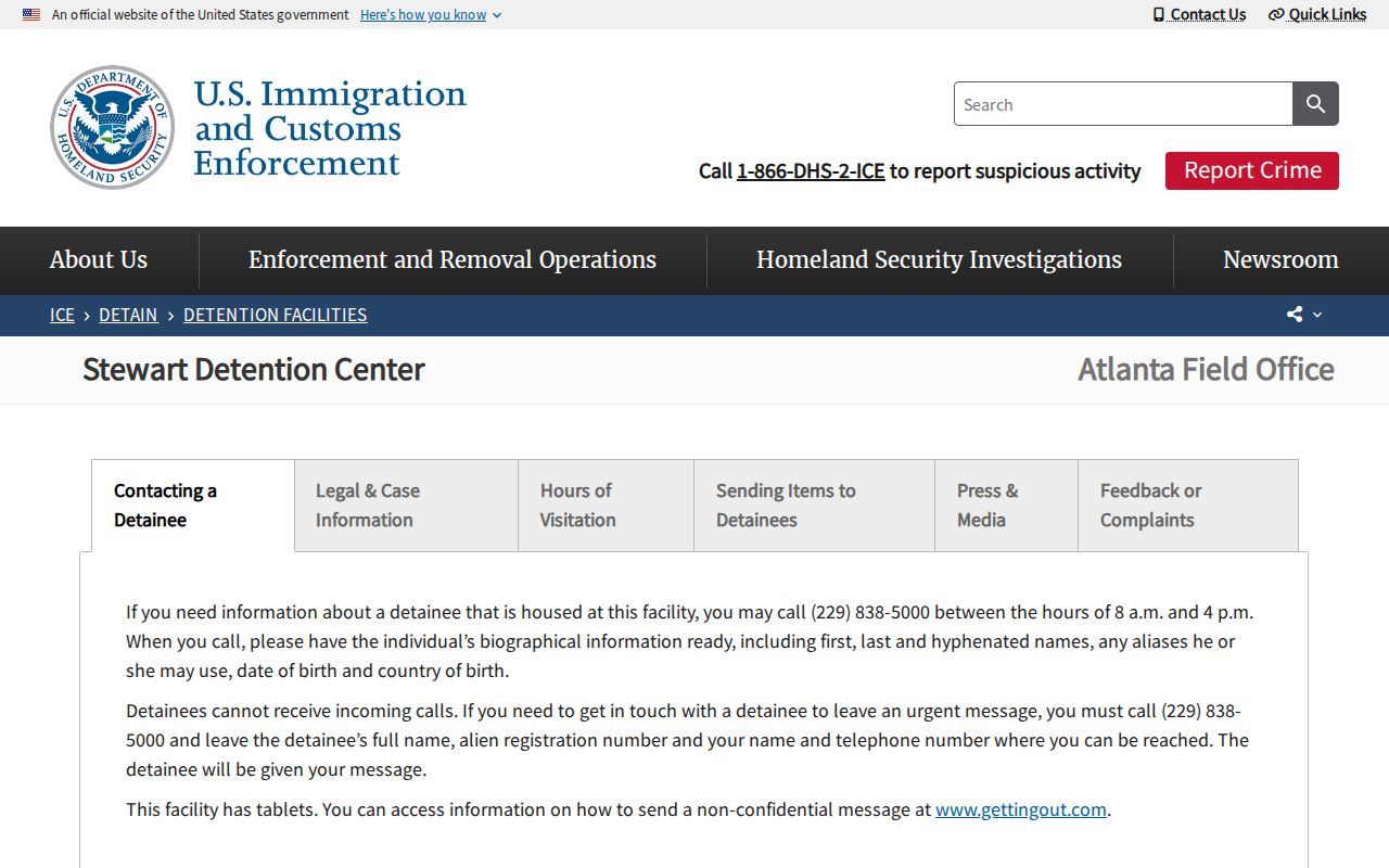 ICE Stewart Detention Center facility information page