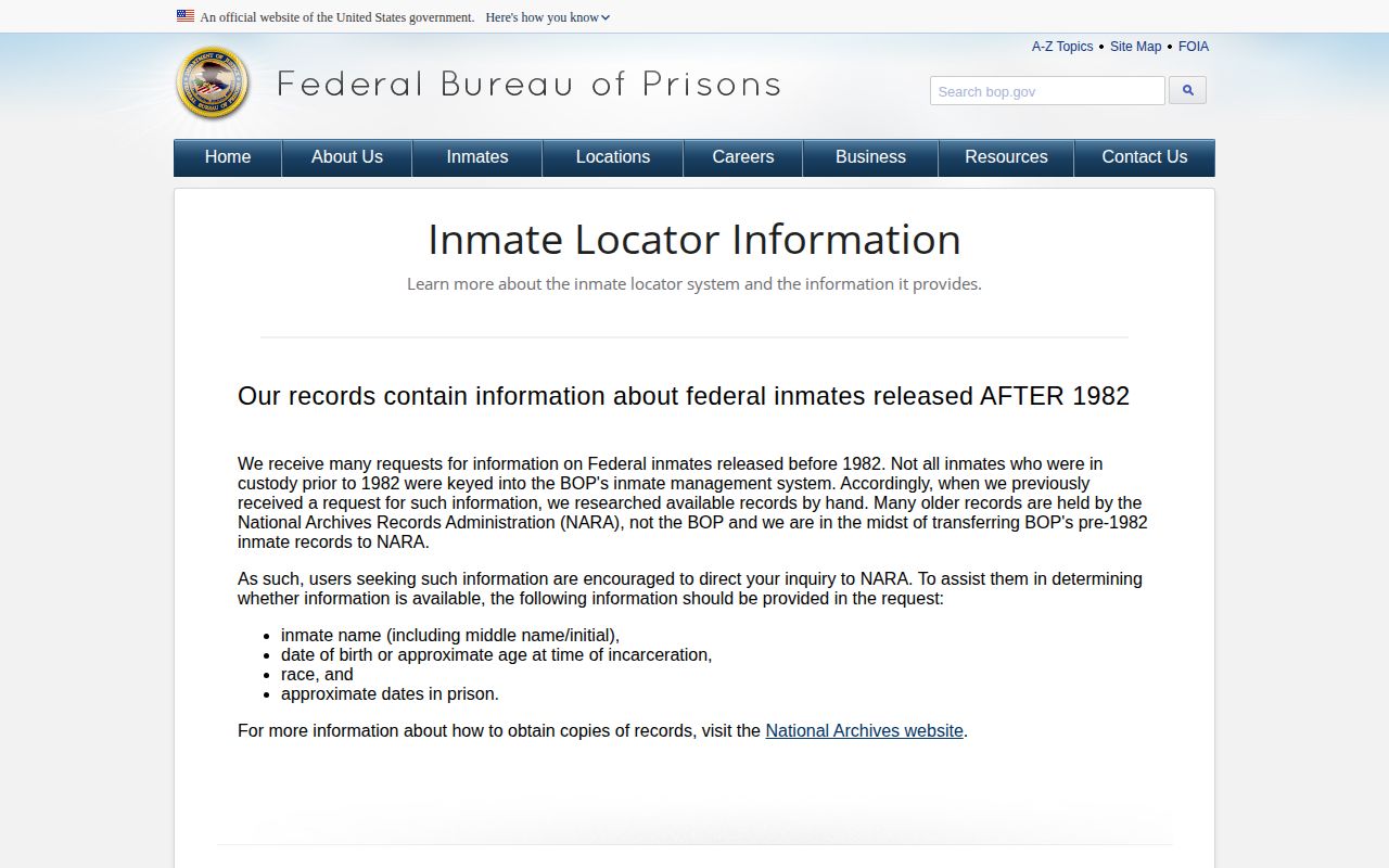 BOP explanation of released and not in custody locator records